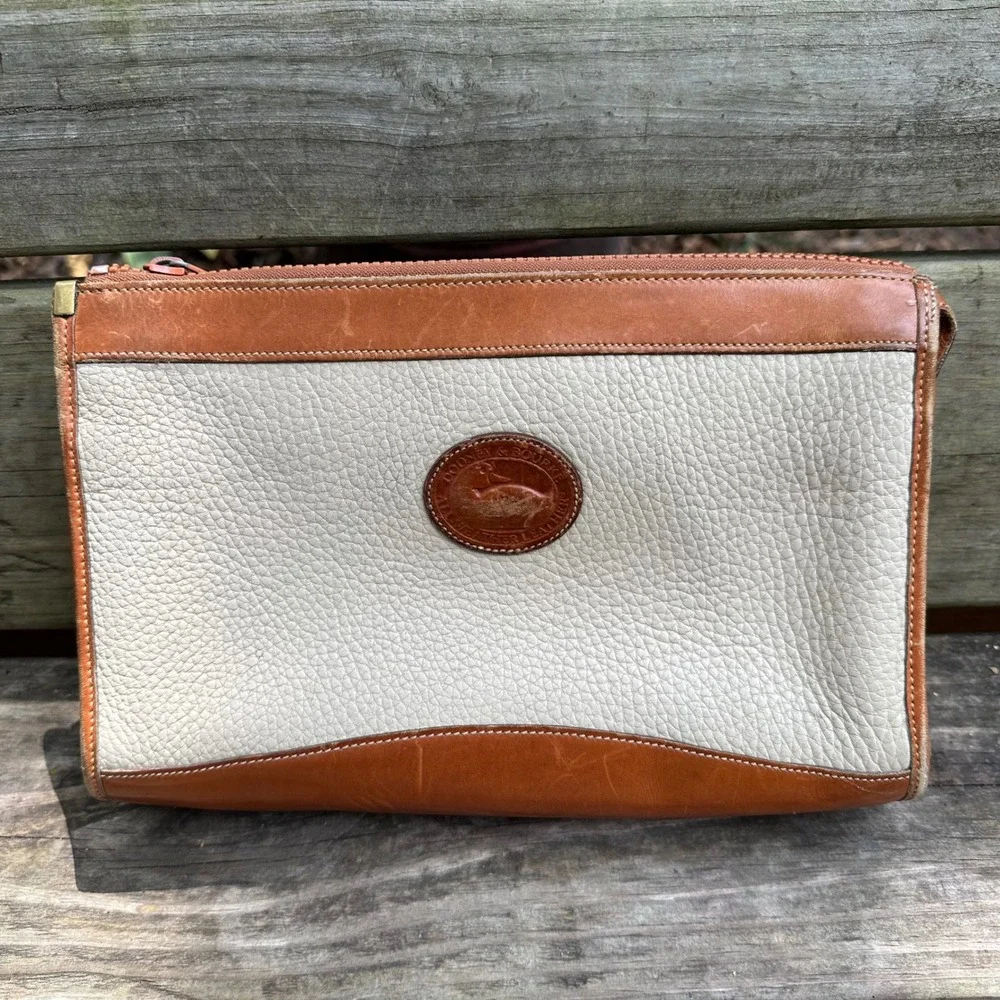 Vintage‎ 80s Dooney & Bourke All Weather Leather Clutch Bag Cream Tan USA Made